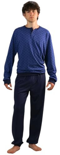 ARTIGIANI DEL PIGIAMA Pigiama Manica Lunga Pantalone Lungo 100% Cotone Modello Serafino e Pantaloni con Polsino e Taschino 100% Made in Italy (IT, Numero, 48, Regular, Regular, Fantasia Blu Rombi)