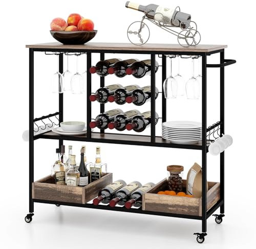 COSTWAY Kitchen Serving Trolley, 3-Tier Rolling Drinks Cart with 9-Bottle Wine Rack, Glass Holder, 2 Tray Box, Lockable Wheels, Hooks & Handle, Industrial Utility Home Bar Storage Cart (Vintage Brown)