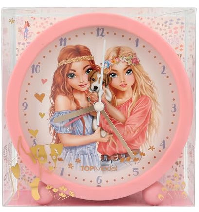 Depesche 12952 TOPModel Velo Fleur - Wecker in Rosa für Kinder, mit Model-Motiv und Hund, lautlose Uhr mit Licht-Funktion, inklusive Batterie, rot