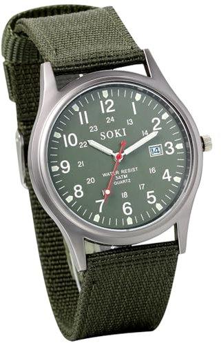 OIDEA Reloj Analógico Militar Hombre: Relojes de Cuarzo Táctico Redondo de Caballero Calendario Correa de Nylon Verde Puntero Luminoso 12/24 Horas - para Exteriores Deportes Ocio Regalos