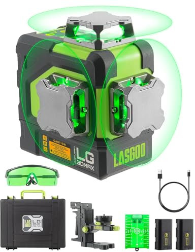 LasGoo LG-3DMAX Livella Laser 3x360° Verde, laser incrociato 3D auto-nivellante con 2 batterie ricaricabili al litio, adattatore per supporto di regolazione fine, occhiali e custodia rigida
