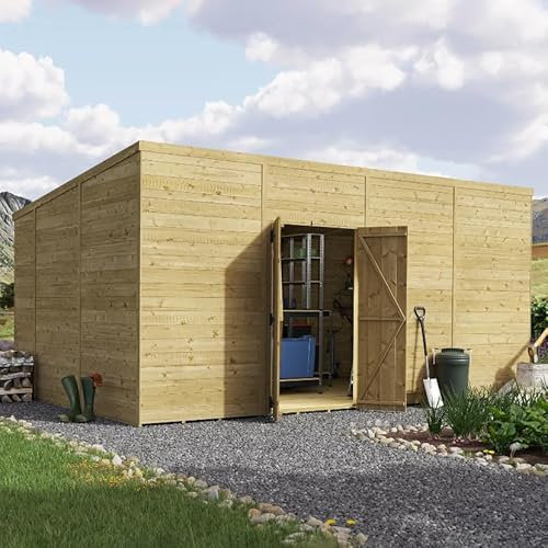 BillyOh Defender 16x10 Pent Log Cabin Wooden Garden Shed, Pressure Treated Garden Storage Shed with Customizable Modular Design, 15mm Tongue and Groove Walls | Windowed Wood Outdoor Storage Building