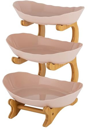 Chensyo Obstschale für Küchentheke 3-Stöckige Beige Große Plastikfruchtschale Mit Holzrahmen, Robust und Langlebig, Kann für Obst, Snacks, Desserts, Kuchen Verwendet Werden