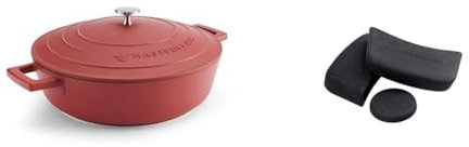 MasterClass 4L Red Shallow Casserole Dish with MasterClass Heat-Resistant Silicon Pan Handles and Lid Handle (3pc)