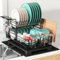 Dish Drainer Rack, 2 Tier Dish Drainer with Drip Tray and Drainer Mat, Stainless Steel Dish Rack with Utensil Holder, 360° Swivel Spout and Cup Holder, Draining Board Rack for Kitchen Counter, Black