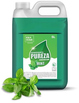 IDEA HOME Liquide Vaisselle 5L PUREZA - Puissant Dégraissant, Parfum de Menthe Fraîche, Vegan et Doux pour les Mainsm, Menthe
