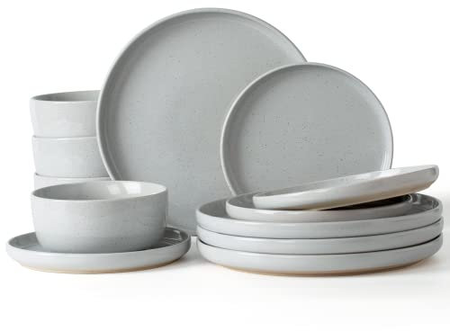Richmount Milkyway Plates and Bowls Set, 12 Piece Dinner Set, Speckled Stoneware Dinner Set for 4, Chip and Scratch Resistant Dinnerware Sets, Dishwasher & Microwave Safe, Light Gray