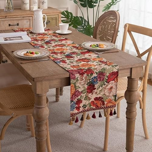 Clothfuna Esstischläufer mit Herbstblumen, Vintage-Jacquard-Couch-Tischläufer mit Quasten für Esstisch, Party, Urlaub, Outdoor (Vintage Flower 2, 33 x 160 cm)