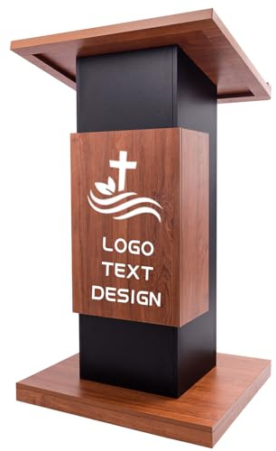 118CM Customized Wood Podium Stand with 4 Lockable Wheels，44.6“ Wooden Lectern with Storage，Wooden Standing Pulpit with Wire Hole for Office School Conference Restaurant Meeting