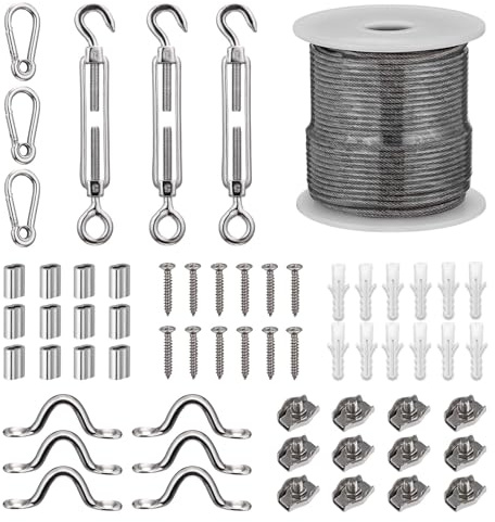 Stainless Steel Wire Kit 45M 2MM PVC Coated Garden Wire for Climbing Plants Catenary Cable Kit With M5 Turnbuckles for Fence Wire, Trellis, Outdoor String Light Hanging