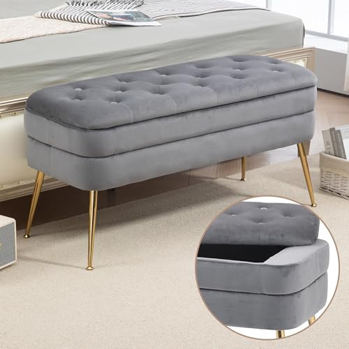 AUKWIK Sitzbank mit Stauraum, Schuhbank mit Sitzfläche, Sitzhocker Aufbewahrungsbank mit goldenen Metalbeinen für Eingang, Wohnzimmer und Schlafzimmer 104 × 40 × 51 cm, Dunkel Grau