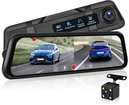 Rimoody 9.66'' Mirror Dash Cam Front and Rear 1080P Backup Camera IPS Touch Screen Rear View Mirror Support Loop Recording, 24 Hours Parking Mode with Backup Camera