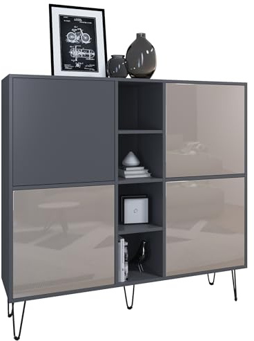 Vladon Highboard Havana V3, Kommode mit 4 Türen und 4 offene Fächer, Kommode Made in Germany, Anthrazit matt/Sandgrau Hochglanz (130,5 x 124 x 35 cm)