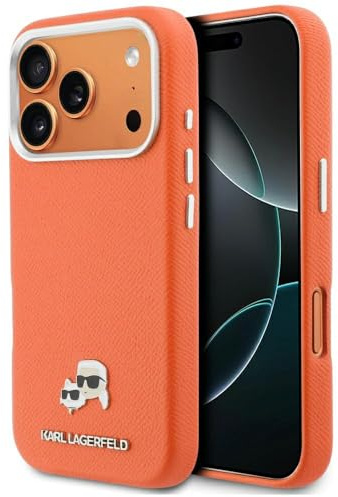 CG MOBILE Karl Lagerfeld Karl & Choupette Kopfbolzen Saffiano kompatibel mit MagSafe Hülle für iPhone 17 Pro Max (Orange)