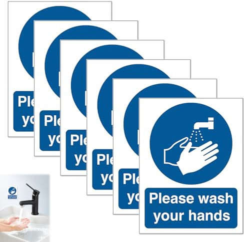 6PCS Please Wash Your Hands Sign, 184mm x 138mm Please Wash Your Hands Self-Adhesive Vinyl Sticker, Wipeable Waterproof Stickers for Indoor and Outdoor Stickers, Gloss Finish