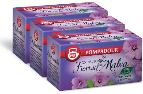 Pompadour, Infuso Fiori di Malva, 60 Filtri (3 Confezioni da 20 Filtri), Idratante, Lenitivo, Emolliente, 100% Naturale, Senza Lattosio, Glutine e Allergeni, Vegan