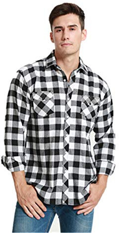 JEETOO Homme Chemise à Carreaux Manche Longue Casual Slim Fit en Flanelle(X-Large,Blanc Noir)