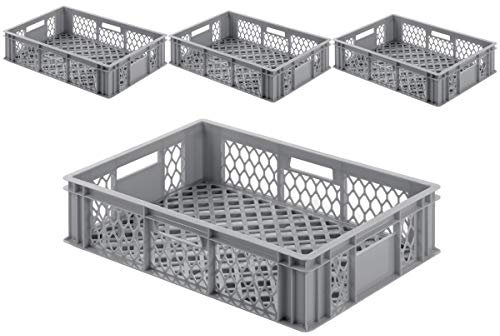 1a-TopStore VE (4 Stk.) Gastronomie Stapelkiste Stapelbox Euro-Maß, 600x400x154 mm (LxBxH), Wände und Boden offen/durchbrochen, mit Grifföffnungen, lebensmittelecht aus HD-PE (grau), perforiert