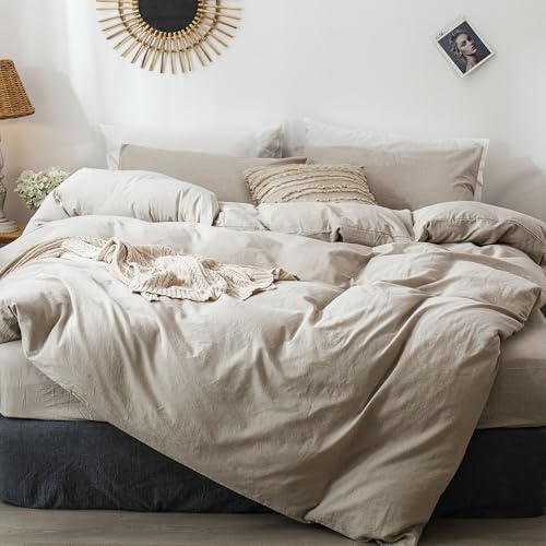 MooMee Bedding Duvet Cover Set 100% Washed Cotton Linen Like Textured Breathable Durable Soft Comfy (Heathered Tannish Linen Grey, Queen 90x90)