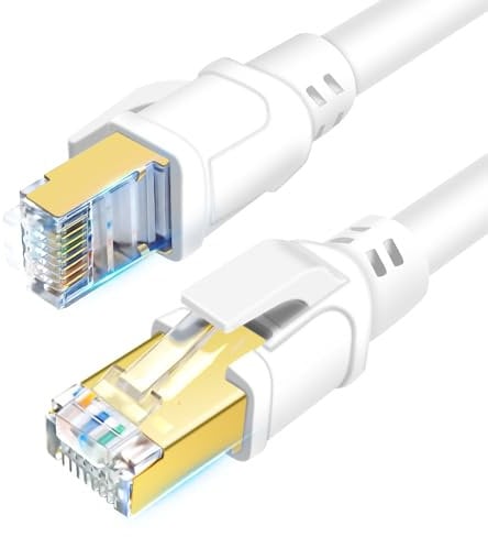 DDMALL Cable Ethernet Cat8 de 25 metros, Cable de Red Alta Velocidad RJ45 40Gbps 2000MHz, Cable LAN con Conectores RJ45 Chapados en oro para Routers, Módems, PC, Xbox y Gaming (Blanco)