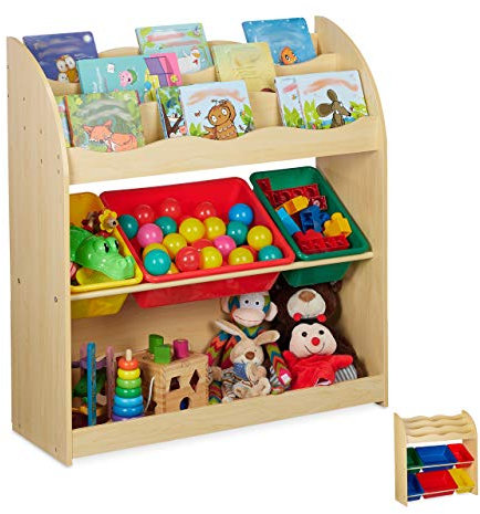 relaxdays Scaffale Porta Giochi Bambini con 3 Scatole, Portaoggetti MDF, Plastica, HLP 89 x 82,5 x 32 cm, Effetto Legno, 1 pz