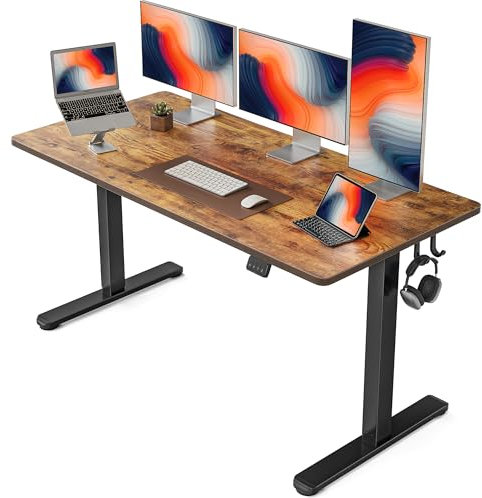 FEZIBO Schreibtisch Höhenverstellbar Elektrisch, 152 x 60 cm Computer Stehschreibtisch mit Memory-Steuerung und Anti-Kollisions Technologie, Schwarzer Rahmen/Braun Tischplatte