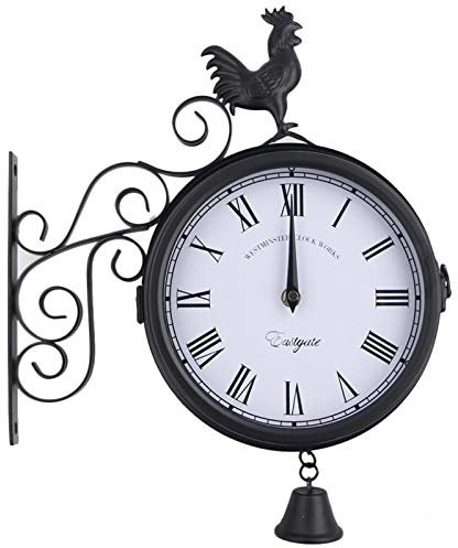 Luckxing Bahnhofsuhr Doppelseitig Retro Vintage Stil Schmiedeeisen Quarz Uhrwerke Ziffern Groß Wanduhr Bahnhofs Uhr, Schwarz Zweiseitige Wanduhr Vintage Mit Cockerel Décor Und Bell