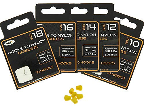 NGT Barbless Hooks To Nylon Sizes 10 12 14 16 18 Coarse Carp Fishing Plus 6 Fake Corn Baits