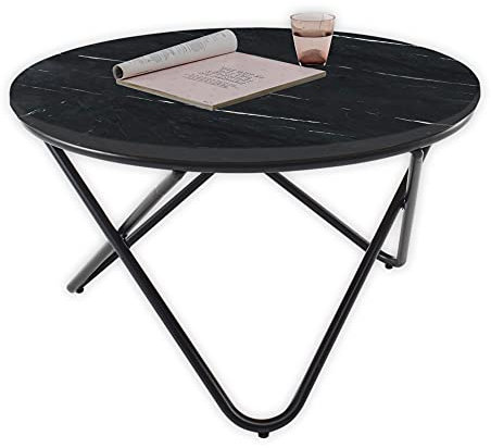 Stella Trading BAKU Couchtisch Marmor rund schwarz mit schwarzem Metallgestell - Stilvoller Wohnzimmertisch mit hochwertiger Marmorplatte - 80 x 46 x 80 cm (B/H/T)