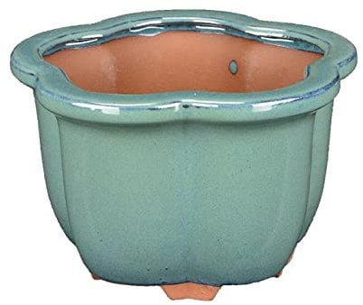 Runde Bonsaischale (Lotusblütenform) aus grün glasiertem Steinzeug 9,5x9,5x7 cm - YM1b