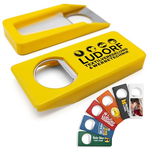 #teamludorf 100x Flaschenöffner Gelb mit Verschluss personalisiert mit Foto, Logo, Bild, Schrift oder Text - Bierflaschenöffner, Bier Flaschenöffner Geschenk Idee - Bottel Opener