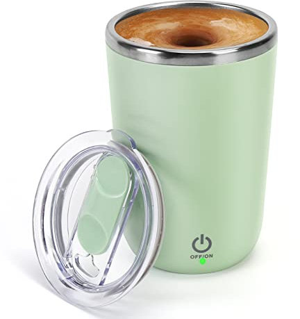 VAlinks Rechargeable Self Stirring Coffee Mug - Stainless Steel Auto Mixing Cup With Lid, 350ml/12oz for Mixed Milk, Tea, Office and Car Use, Green