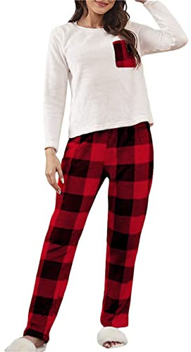 Ensemble de pyjama long 2 pièces en flanelle chaude épaisse pour femme, automne et hiver, vêtements de nuit en polaire à carreaux, pyjama court pour femme, Rouge, M