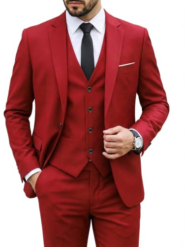 Hihawk Herren 3-teiliger Anzug mit Stretch-Stoff, solide schmale Passform, EIN-Knopf-Anzug, Blazer-Set, Jacke, Weste, Hose mit Krawatte, Rot/Ausflug, einfarbig (Getaway Solids), XL
