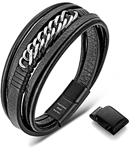 murtoo Bracelet homme, bracelet en cuir pour homme en noir et en marron, fermoir magnétique en acier inoxydable, excellente idée cadeau pour homme