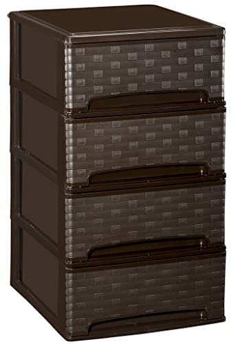 COM-FORT HOUSE | Cajonera Apilable de Plástico | Modelo Bambu | Color Wengue | Modelo de 4 Cajones | Cajones de Almacenamiento Modular