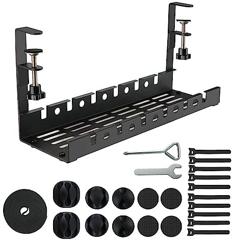 Schreibtisch Kabelmanagement Ohne Bohren, Untertisch Kabelmanagement Kit für Tischplatte Steckdosenleisten, Klemmbar Kabelkanal Tablett Kabelkörbe mit Schraubzwingen & Kabelclips & Klett Klettband