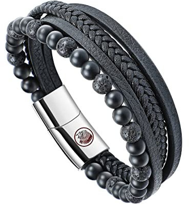 Casisto.J Lederarmband Herren Armband Schwarz mit Magnet Verschluss, Naturstein Geflochten Echtleder Armbänder für Männer zum Vatertag Geburtstag Weinachtstag