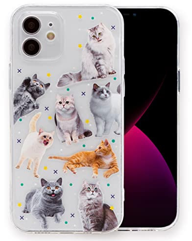 INLOYGEM für iPhone 12 Handyhülle, Stoßfestes Durchsichtig Weiches TPU Silikon Dünne Schutzhülle, mit süßer Muster Bedruckt Handy Hülle für Apple iPhone 12 Liebliche Katze