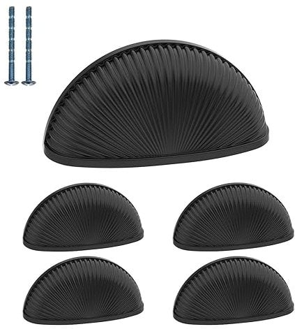 9BUILD 6 Pack Matte Black Retro Door Handle Shell Cup Handles Vintage Kitchen Cupboard Drawer Cabinet Handles Pull Silver Half Moon Furniture Wardrobe Knobs Handware(76MM)