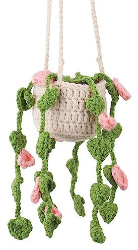 Crochet Hanging Plants, Beautiful Soft Knitted Car Crochet Pendant Fashionable Hanging Car Crochet Pendant for Men & Women Car Rear View Mirror Hanging Accessories Car Ornament(Pink)