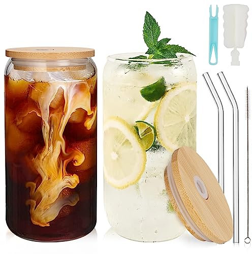 UHAPEER Cocktailgläser in Dosenform 2er Set, 550ml/19oz Gläser Set mit Deckel und Strohhalm, Longdrinkgläser Bierdosen Glas, Trinkgläser für Kaffee, Mojito, Soda, Matcha, Bier