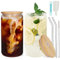 UHAPEER 2 Pack Can Shaped Drinking Glasses with Bamboo Lids and Straws, 19oz/550ml Glass Bamboo Cups, Beer Can Glasses, Iced Coffee Glasses Cups, Ideal for Water, Cocktail, Whiskey, Soda, Beer