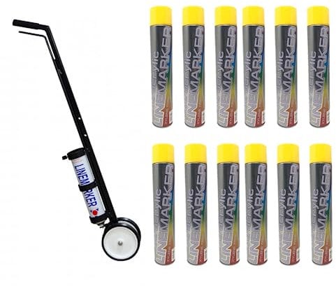 Floor Yellow Line Marker Spray Paint X12 aerosols & 1x Premium 2 Wheel Line Marker Spray Paint Applicator.For Schools, Sports Surfaces, Industrial marking,Safety Marking (12x Yellow & 1x 2Wheel)