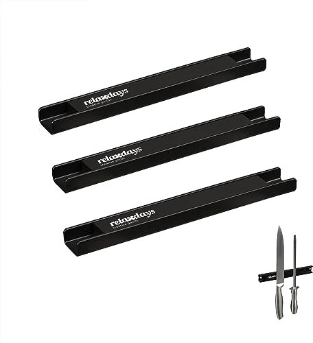 Relaxdays Set da 3 Barra Magnetica, Striscia Lunga 20 cm, Appendi Utensili e Coltelli Acciaio Inox, Guida a Parete, Nero