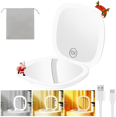 Gospire 3.9 Wiederaufladbar Taschenspiegel mit 1X/10X Vergrößerung, 3 Lichtfarben & Einstellbarer Helligkeit, LED Reisespiegel Klein Schminkspiegel Klappbar Taschenspiegel für Frauen Mädchen, Weiß