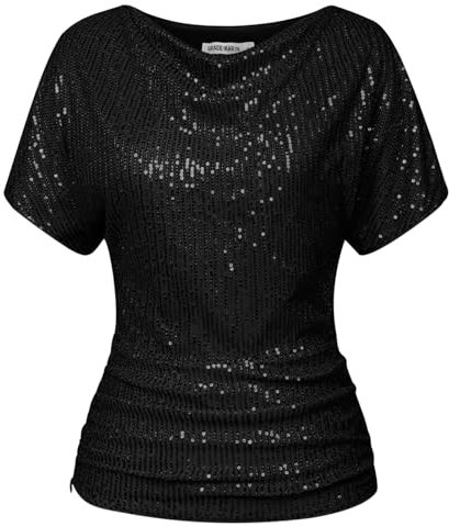 Kurze Ärmel Pailletten Party Tops für Frauen Rundhalsausschnitt Falten Große Größe T-Shirt für Sommer Schwarz XXL