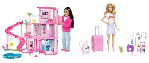 BARBIE - Traumvilla & -Puppe, Reise- mit blonden Haaren, 10+ Barbie-Reisezubehör, Aufkleber, Koffer, Welpe, 1 Barbie-Puppe inklusive, Geschenk für Kinder, Spielzeug ab 3 Jahre,HJY18