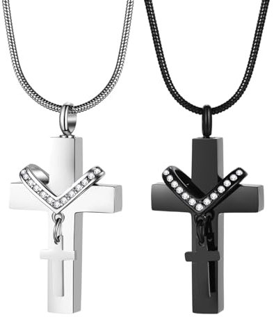 JewelryWe Kreuz Urnen Halskette für Asche: 2 Stück Edelstahl Zirkonia Memorial Pet Urn Kreuz Anhänger mit Schlangenkette Andenken Kette Feuerbestattung Schmuck für Herren Damen