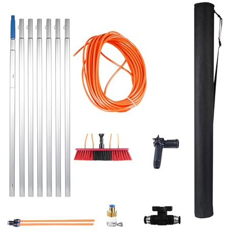 MQZHUK Perche Telescopique, Extensible à 3-12m, Brosse Telescopique Toiture 35cm avec Tuyau, Balai Telescopique pour Toit Panneaux Solaires Camion Bus (7m Noir/Rouge)
